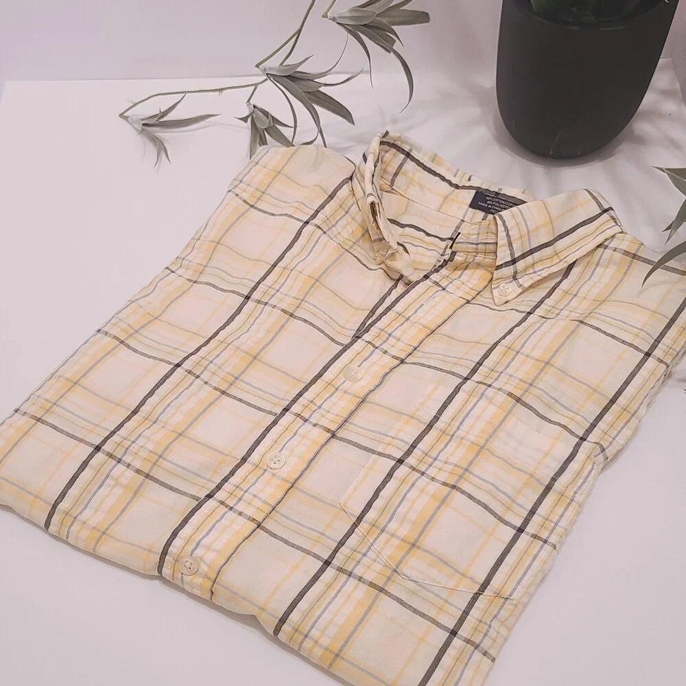 Arrow Classic Fit - Button-Down Shirt Men’s Med Yellow Blue Plaid Short Sleeve - Picture 2 of 8